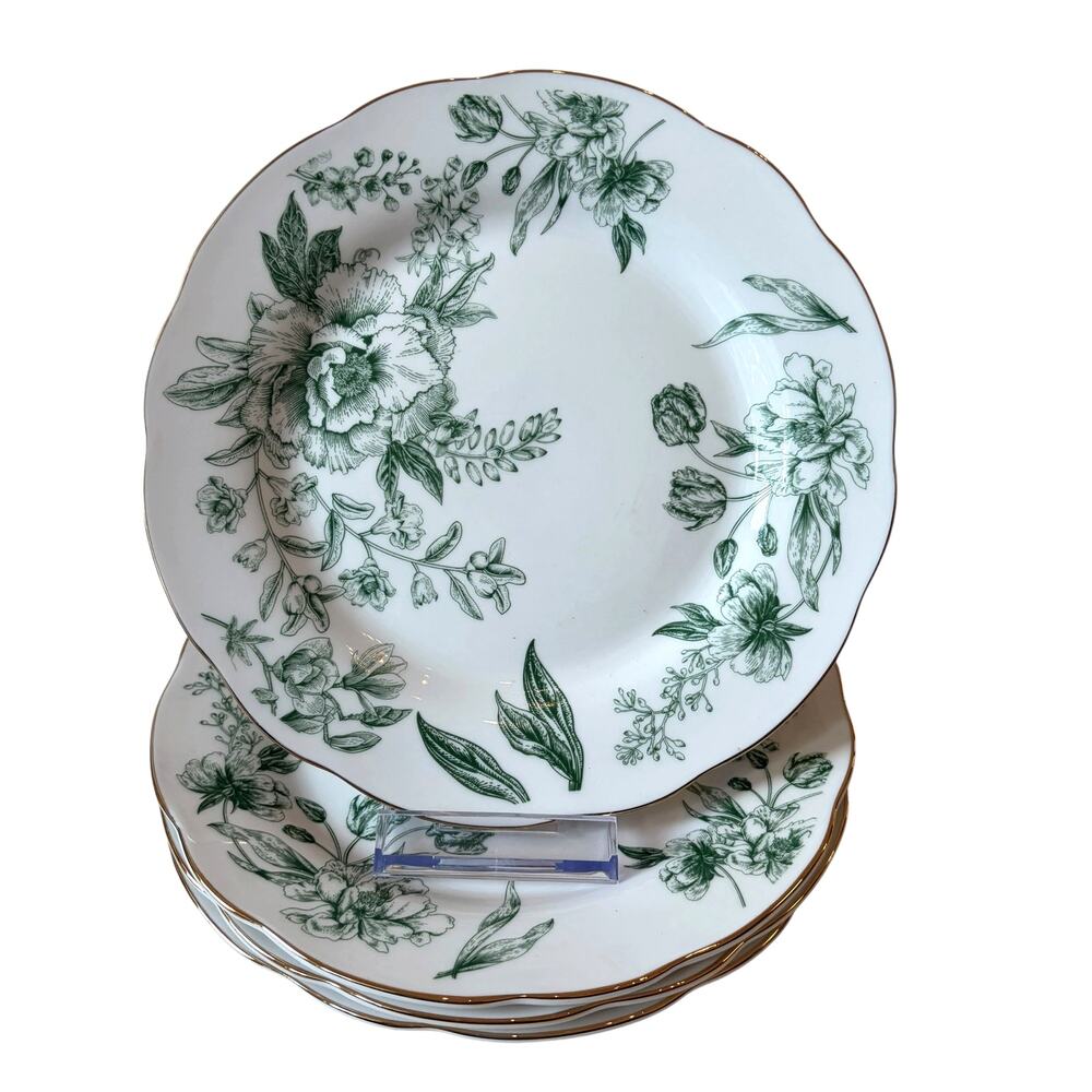 Medici Green Floral Toile Salad Plates 8in Set of 4 Scalloped Porcelain New